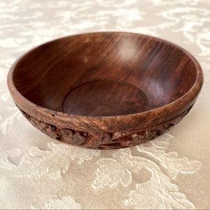 Small Vintage Wooden Bowl with Engraved Flower Patterns